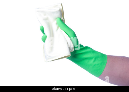 Gant vert avec la main tenant le produit de nettoyage ; isolated on white Banque D'Images
