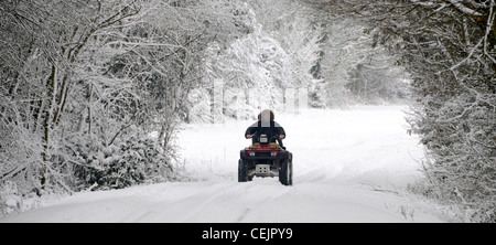Neige scène pilote quad & leurs conduite passager on country road lane sous les arbres couverts de neige en hiver wonderland Brentwood Essex England UK Banque D'Images