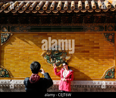 Détail des carreaux de mur fleuri jaune ocre Forbidden City Beijing Chine jaune représente l'empereur Image figures Banque D'Images