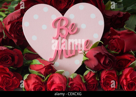 Coeur rose en bois avec les mots "Be Mine" sur un lit de roses rouges Banque D'Images