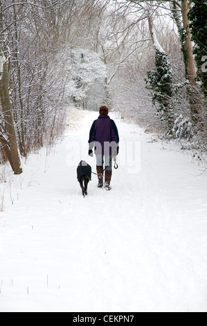 Femme avec dos à la caméra portant un veston et une marche de Paramo chien dans la neige le long d'une rivière. Banque D'Images