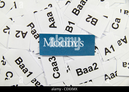 Le logo de Moody's (cotes de crédit office), sur un lit de la cote de crédit utilisé par eux pour évaluer les sociétés. Banque D'Images