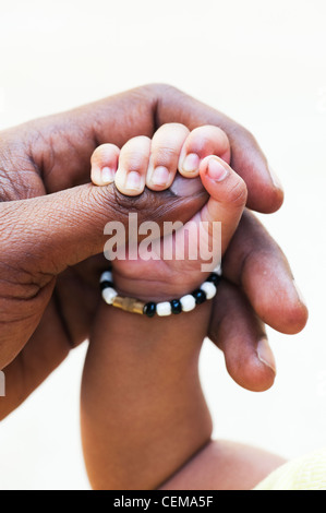 Indian mans main tenant son nouveau bébé main contre un fond blanc. L'Andhra Pradesh, Inde Banque D'Images