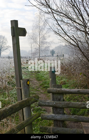 Matin d'hiver givre sur sentier public dans le pittoresque village anglais Eardisland Herefordshire Angleterre UK Banque D'Images
