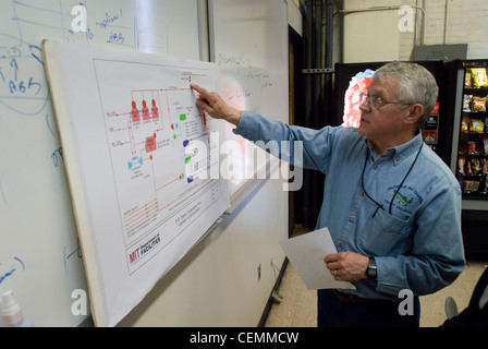 À l'intérieur de la centrale de cogénération du mit, une zone densément-emballés dédale de tuyaux et équipements lourds qui comprend la turbine à gaz turbine de combustion groupe électrogène, un moyen efficace de production d'énergie électrique et thermique pour alimenter le campus du mit tout en améliorant l'efficacité énergétique de 18  % et de réduire les émissions de 45 % par rapport à la technologie précédente. Banque D'Images