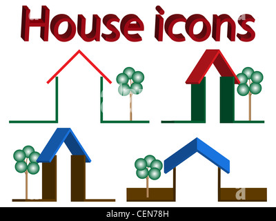 Maison 3d icônes d'arbres contre l'arrière-plan blanc, abstract vector art illustration Banque D'Images