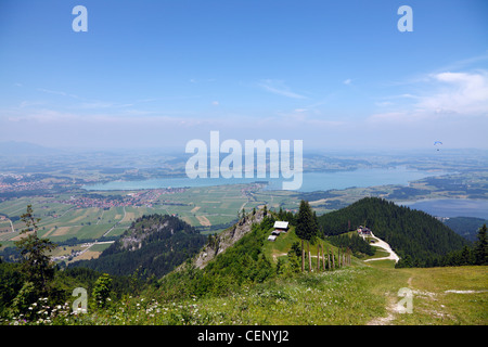 Vue depuis la montagne Tegelberg du Forggensee et Bannwaldsee, Schwangau, Bavière, Allemagne Banque D'Images