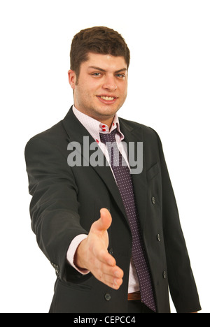 Young business man giving main pour secouer isolé sur fond blanc Banque D'Images