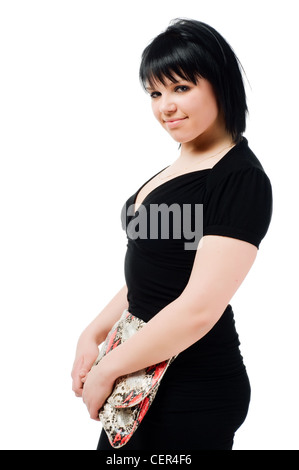 Young caucasian woman with handbag isolé sur fond blanc Banque D'Images