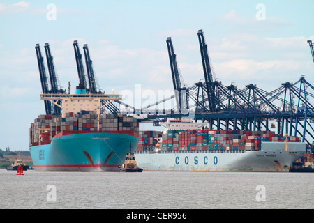 Grands navires porte-conteneurs dans le port de Felixstowe, le plus important port à conteneurs du Royaume-Uni. Banque D'Images