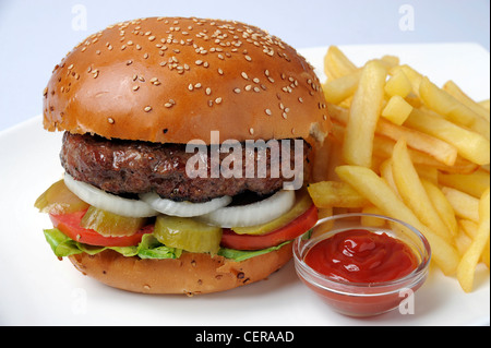 Hamburger avec frites et ketchup Banque D'Images