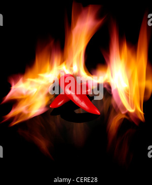 Deux PIMENTS ENTOURÉ PAR LE FEU SUR UN FOND NOIR Banque D'Images