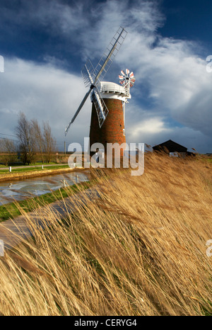 Horsey Moulin et Staithe après une tempête sur les Norfolk Broads. Banque D'Images