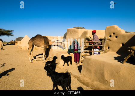 Les sections locales par leurs maisons traditionnelles de désert dans le désert de Thar au Rajasthan. Banque D'Images