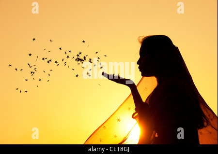 Indian girl portant un châle star stars de soufflage dans l'air. Silhouette Banque D'Images