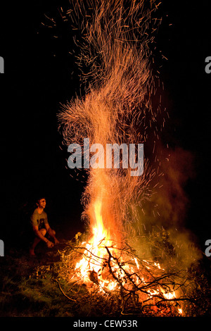 Man Burning branches dans le feu de jardin Banque D'Images