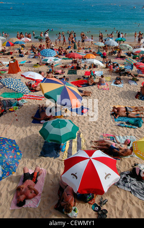 Paniers-plage avec transats à Praia dos Pescadores situé juste en face de la vieille ville d'Albufeira en Algarve, la région la plus méridionale du Portugal Banque D'Images