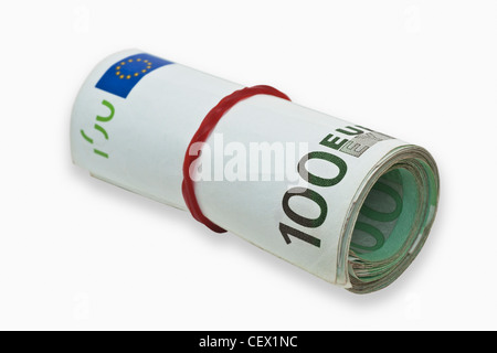 De nombreux projets de 100 euros, roulé et maintenu par un caoutchouc. Le 01 janvier 2002, l'euro a été introduit comme argent comptant. Banque D'Images