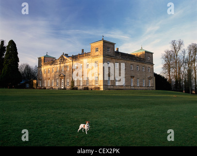 Un Jack Russell chien sur la pelouse en face de Lydiard House historique, un château situé dans un parc près de Swindon. Banque D'Images