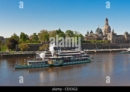 Défilé de la flotte de bateaux à aubes historique, chaque année le 1 mai, sur l'Elbe en face de la vieille ville de Dresde, Allemagne Banque D'Images