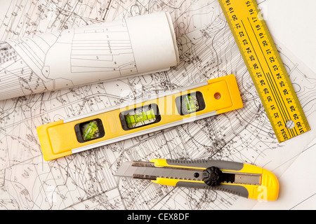 Architecture bleu les plans et outil de travail Banque D'Images