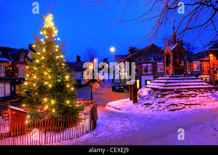 Noël scène givrée de fête avec neige, à l'arbre de Noël à Lymm Cross, village de Lymm, Warrington, Cheshire, Angleterre, ROYAUME-UNI Banque D'Images