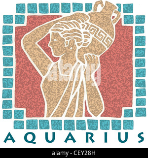 Signe astrologique Verseau aqua bleu frontière mosaïque illustration d'une jeune fille tenant un vase à l'arrière de son cou contre un red Banque D'Images