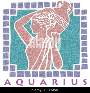 Signe astrologique Verseau mosaïque mauve illustration de frontière a girl holding vase à l'arrière de son cou contre un aqua bleu Banque D'Images