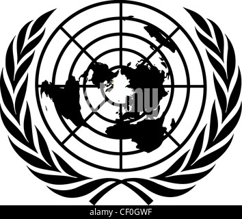 Logo de l'Organisation des Nations Unies avec le siège à New York. Banque D'Images