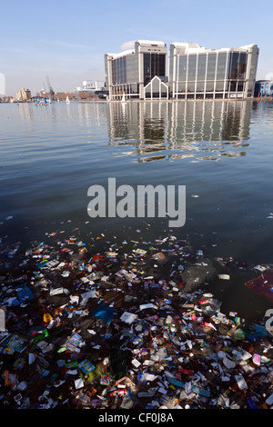 Flottant dans la pollution extérieure Millwall Dock, Isle of Dogs, Tower Hamlets, London, UK. Banque D'Images