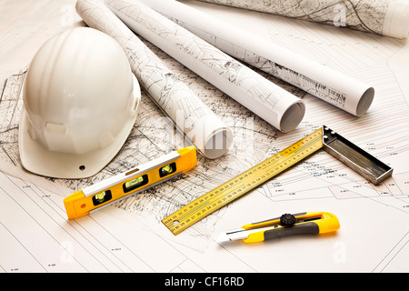 Architecture bleu les plans et outil de travail Banque D'Images