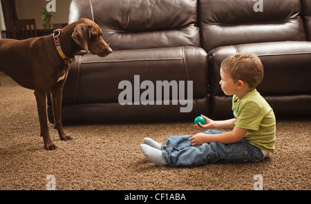 Ball boy with dog Banque D'Images