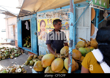 Un vendeur de rue vendant à Kanyakumari, coco tendre l'Inde. Dans la toile est un graffiti politiques. Banque D'Images