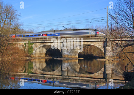 France, TGV crossing Luxé viaduc sur R. Charente Banque D'Images