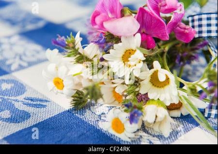 Bouquet de fleurs sauvages sur bleu tapis de table Banque D'Images