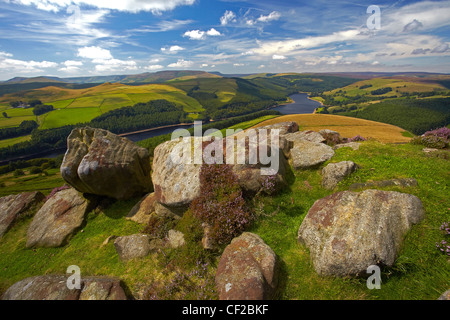 Vue de Ladybower Reservoir dans la haute vallée de la Derwent Derwent Edge dans le parc national de Peak District. Banque D'Images