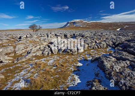 Vue sur la cicatrice blanche lapiez vers Ingleborough, la deuxième plus haute montagne dans le Yorkshire Dales et l'un des Banque D'Images