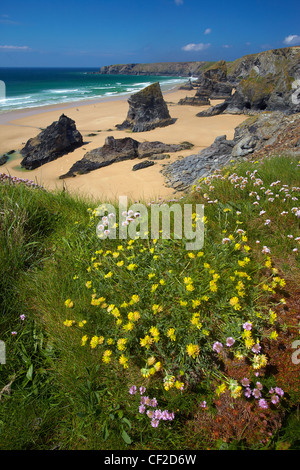 Piles de roches sur la plage de Bedruthan Steps sur la côte de Cornouailles. Banque D'Images