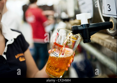 Une pinte de la real ale est versé à l'Hoop Beer Festival. Banque D'Images