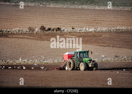 Un agriculteur de semer les cultures dans un champ à l'aide d'un tracteur. Banque D'Images