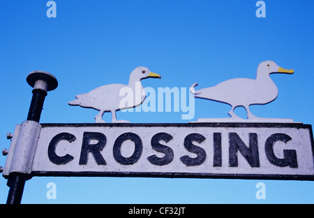 Détail de roadsign contre ciel bleu attention croisement avec deux découpes de métal de canards blancs, Stepping out Banque D'Images