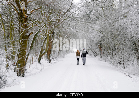 Temps gelé et enneigé, jeune couple marchant le long de la neige couverte ruelle de campagne sous l'arche blanche, magnifique pays d'hiver des branches d'arbres Au-dessus de la route Angleterre Royaume-Uni Banque D'Images