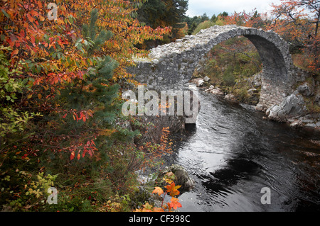 Une rivière peu profonde qui s'exécute sous un vieux pont à cheval dans Carrbridge. Banque D'Images