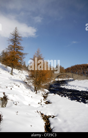 River Gairn fonctionnant par les collines couvertes de neige de Glen Gairn. Banque D'Images