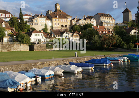 Morat, Morat, vieille ville, vue du lac de Morat, Switzerlandhabour Banque D'Images