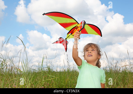 Petite fille joue kite on meadow Banque D'Images