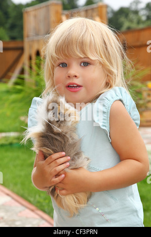 Petite fille joue avec cochon on meadow Banque D'Images