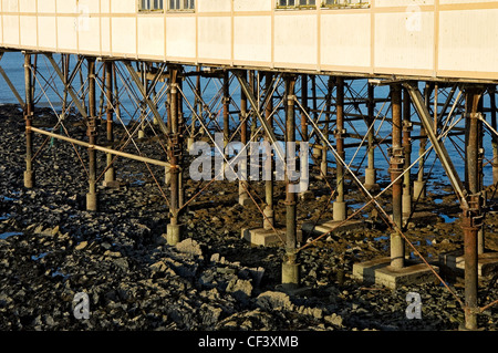 Fer à repasser colonnes soutenant le Royal Pier, la première pier pour ouvrir au Pays de Galles en 1865. Banque D'Images