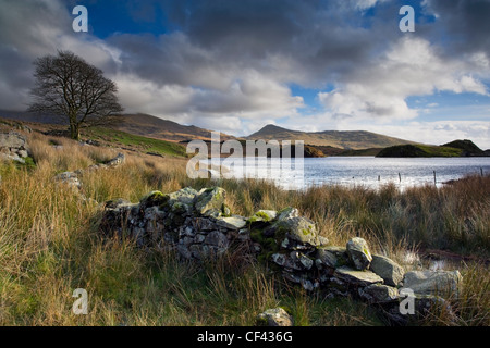 Vue sur le lac à distance, Llyn Dywarchen, vers la petite, village caché de Rhyd DDU. Banque D'Images