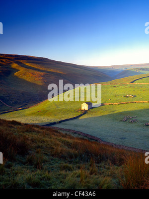 Une grange en pierre et des murs en pierres sèches traditionnelles Wharfedale dans le Yorkshire Dales. Banque D'Images